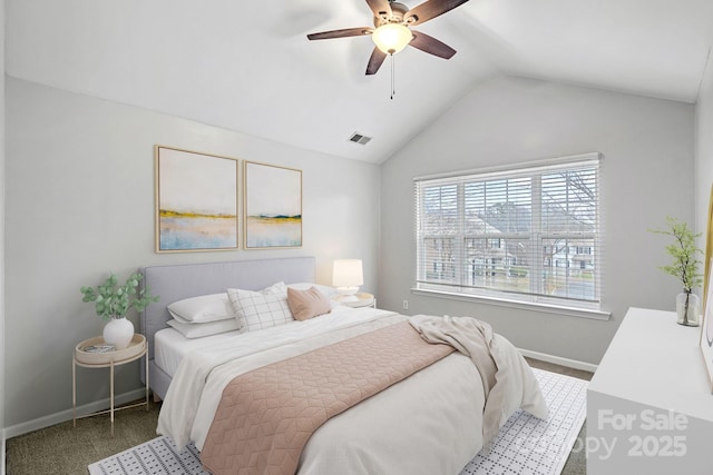 bedroom featuring vaulted ceiling, baseboards, visible vents, and ceiling fan