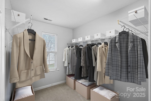 spacious closet with visible vents and carpet floors