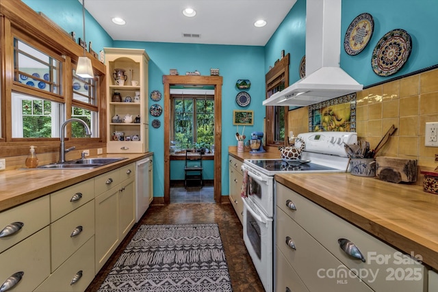 322 Crestview Dr, Black Mountain, NC 28711 - kitchen with a sink, white appliances, wood counters, and island range hood