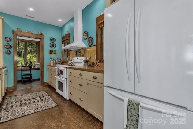 322 Crestview Dr, Black Mountain, NC 28711 - kitchen with visible vents, range hood, recessed lighting, white appliances, and baseboards
