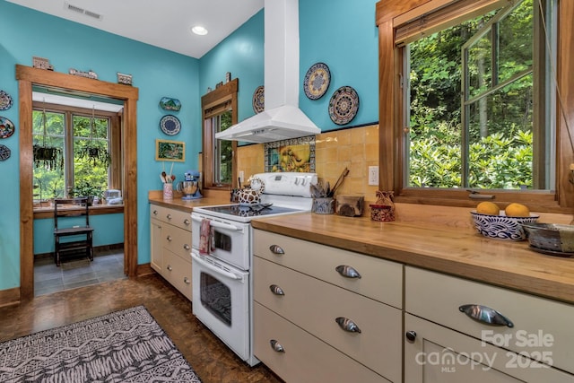 322 Crestview Dr, Black Mountain, NC 28711 - kitchen with double oven range, visible vents, extractor fan, white cabinets, and wood counters