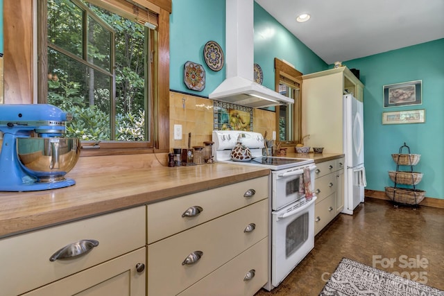 322 Crestview Dr, Black Mountain, NC 28711 - kitchen featuring white appliances, baseboards, wood counters, tasteful backsplash, and island range hood