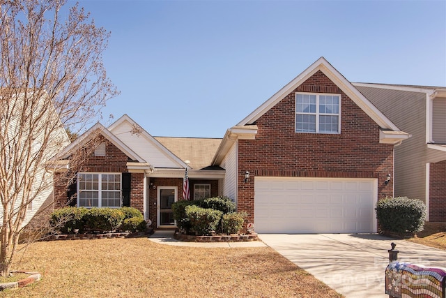 traditional home featuring driveway, brick siding, and a front lawn