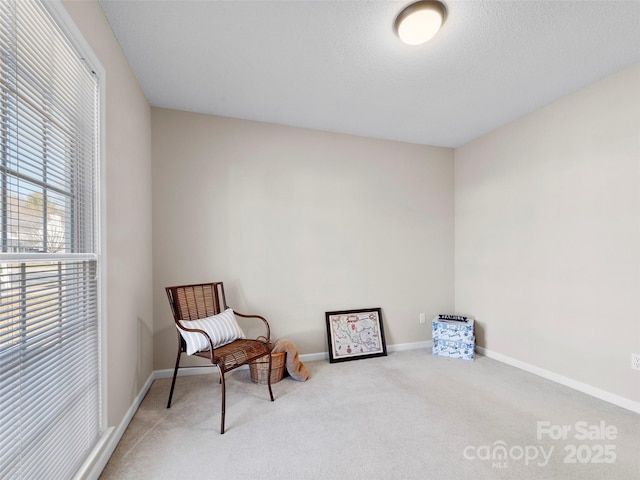 living area with carpet, baseboards, and a textured ceiling