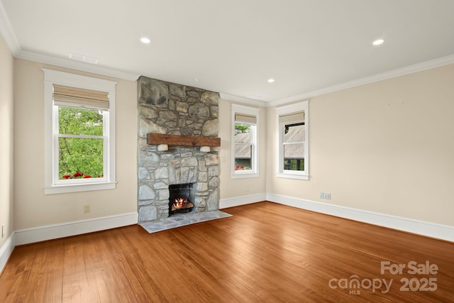 1245 Laurel Ln, Blowing Rock, NC 28605 - unfurnished living room featuring baseboards, a fireplace, wood finished floors, ornamental molding, and recessed lighting