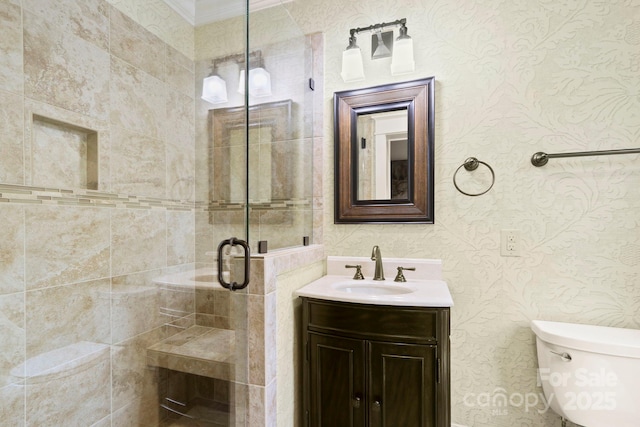 1245 Laurel Ln, Blowing Rock, NC 28605 - full bath with vanity, a shower stall, toilet, wallpapered walls, and ornamental molding