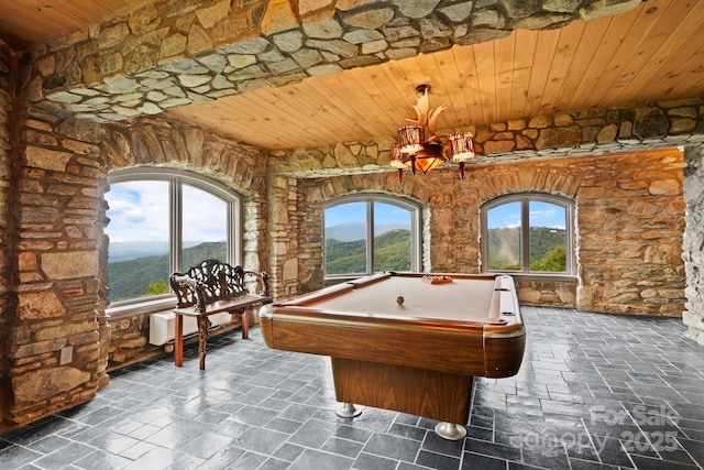 1245 Laurel Ln, Blowing Rock, NC 28605 - recreation room with wood ceiling, billiards table, stone tile floors, and a mountain view