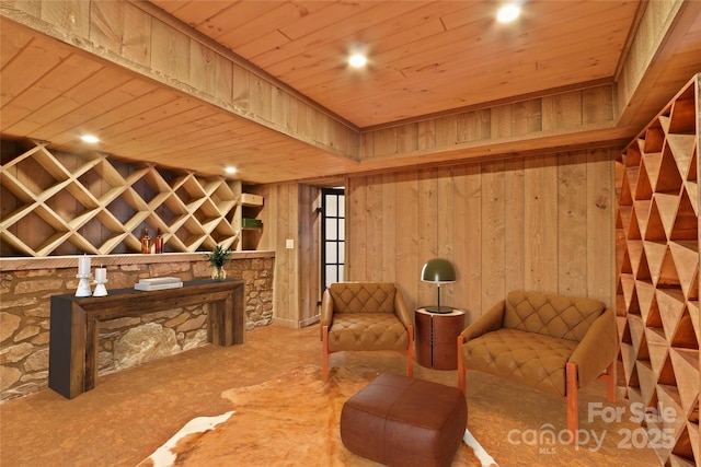 1245 Laurel Ln, Blowing Rock, NC 28605 - sitting room with wood ceiling, wood walls, and carpet