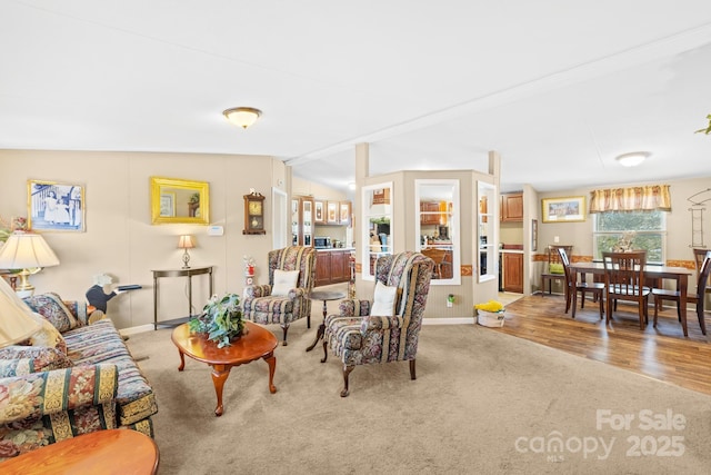 carpeted living room with baseboards, vaulted ceiling, and wood finished floors