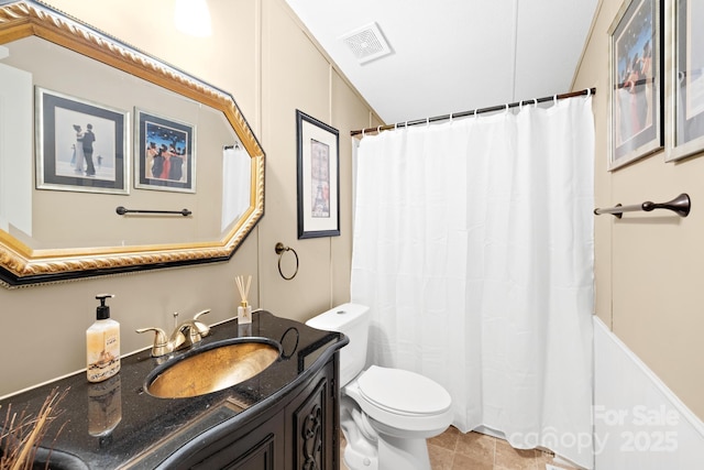 full bathroom with visible vents, toilet, a shower with curtain, tile patterned floors, and vanity