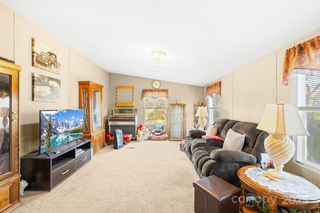 living room with carpet and vaulted ceiling