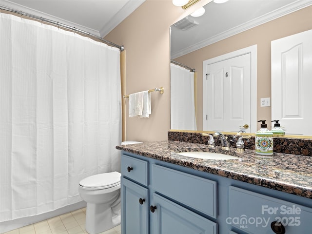 bathroom featuring visible vents, vanity, toilet, and crown molding