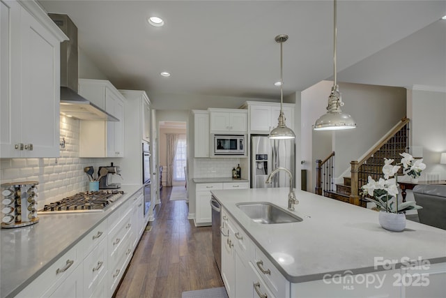 kitchen featuring wall chimney exhaust hood, dark wood-style flooring, stainless steel appliances, light countertops, and a sink