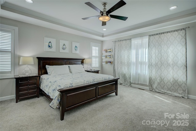 bedroom with light carpet, ornamental molding, recessed lighting, and baseboards