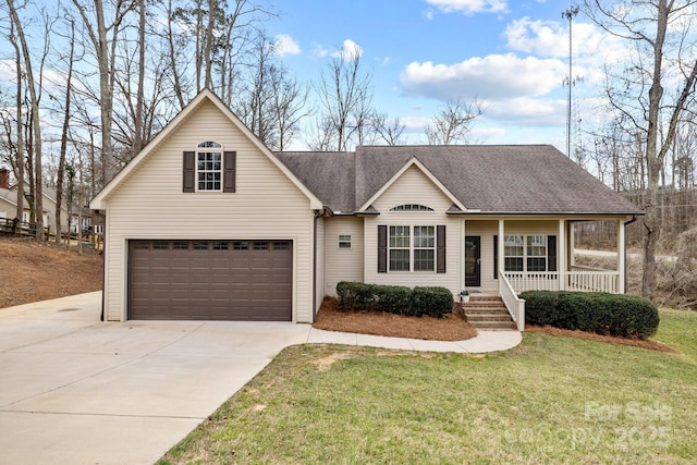 view of front of home featuring a porch, a shingled roof, an attached garage, a front yard, and driveway