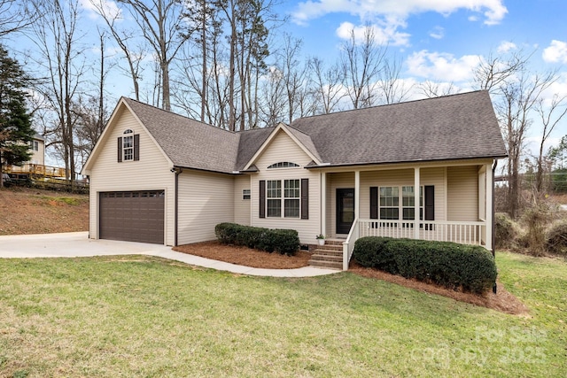 ranch-style home featuring a shingled roof, concrete driveway, an attached garage, covered porch, and a front yard