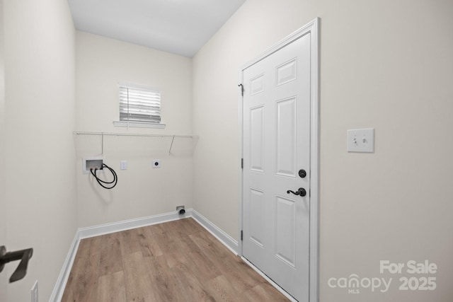 laundry room with washer hookup, hookup for an electric dryer, light wood-type flooring, laundry area, and baseboards