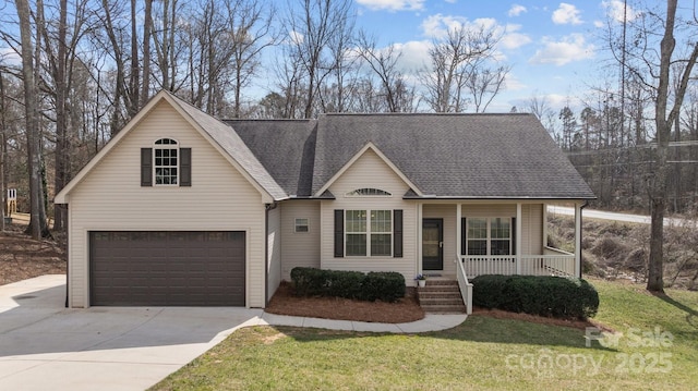 traditional-style house with a porch, a front yard, driveway, and a shingled roof