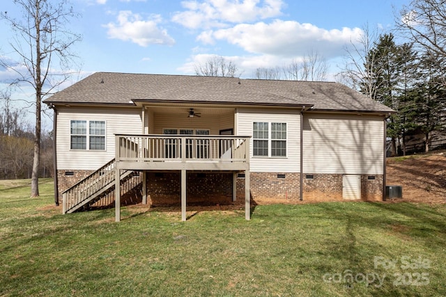 back of house featuring ceiling fan, stairs, crawl space, a lawn, and a wooden deck