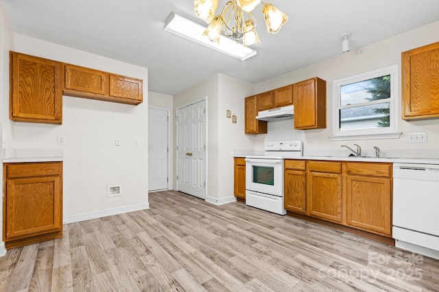 kitchen with brown cabinetry, white appliances, light countertops, and under cabinet range hood