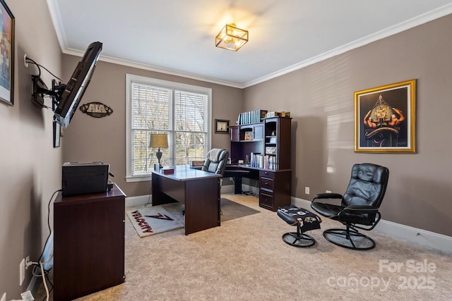 home office featuring baseboards, carpet floors, and ornamental molding