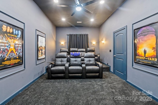 carpeted home theater featuring recessed lighting, baseboards, and ceiling fan