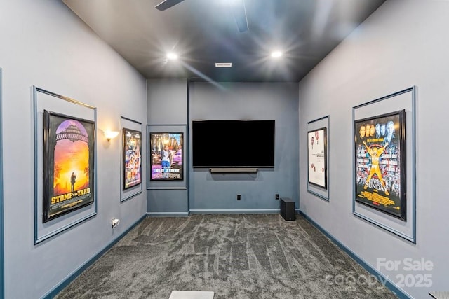 home theater with carpet flooring, recessed lighting, baseboards, and ceiling fan