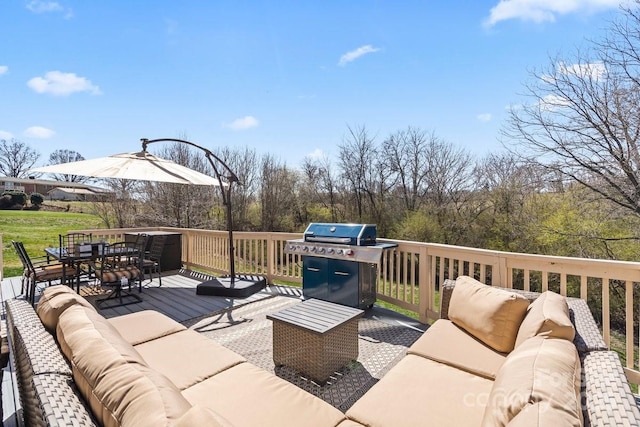 wooden terrace featuring outdoor dining area, an outdoor hangout area, and grilling area