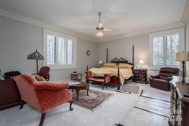 carpeted bedroom with crown molding, multiple windows, and a textured ceiling