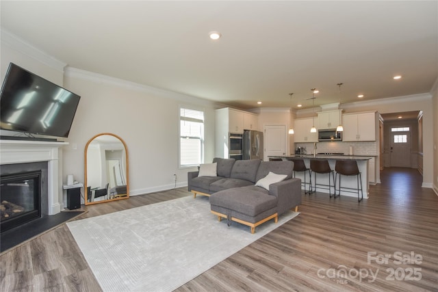 living area with a glass covered fireplace, crown molding, baseboards, and wood finished floors