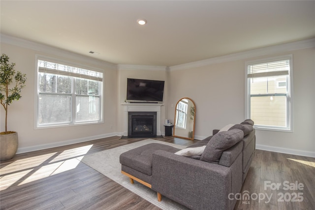 living area with ornamental molding, a glass covered fireplace, and dark wood-type flooring