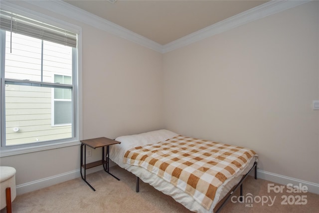 bedroom featuring carpet floors, ornamental molding, and baseboards