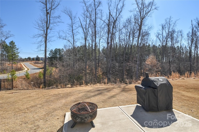 view of yard featuring an outdoor fire pit