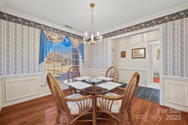 dining area with visible vents, wainscoting, wallpapered walls, and wood finished floors