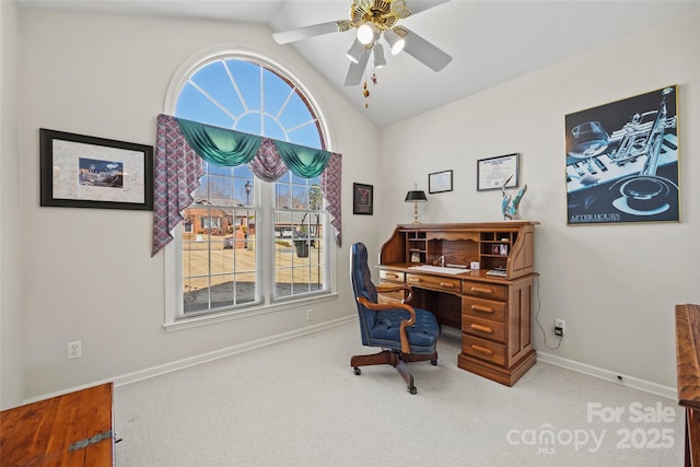 office featuring vaulted ceiling, a ceiling fan, baseboards, and carpet floors