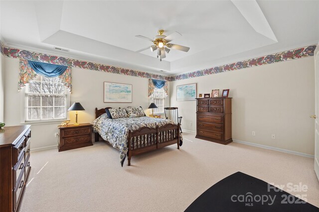 bedroom with baseboards, a raised ceiling, and carpet