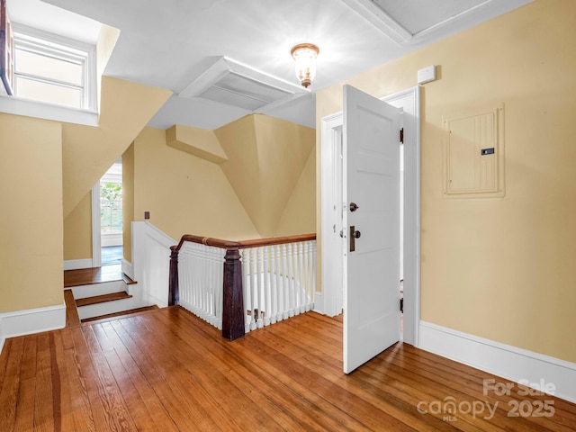 interior space featuring electric panel, baseboards, attic access, and hardwood / wood-style flooring