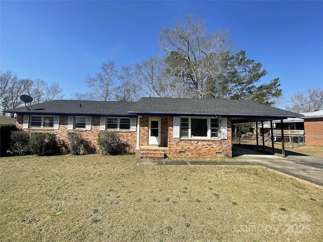 single story home with an attached carport, brick siding, concrete driveway, crawl space, and a front lawn