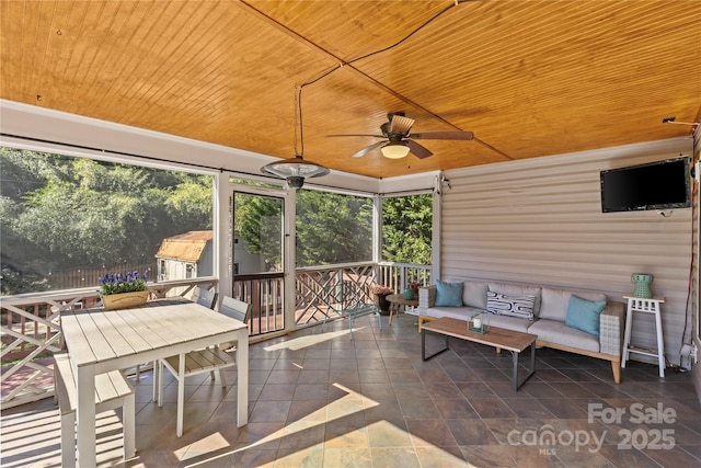 sunroom with wood ceiling and ceiling fan