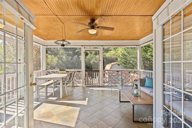 sunroom with a ceiling fan and wood ceiling