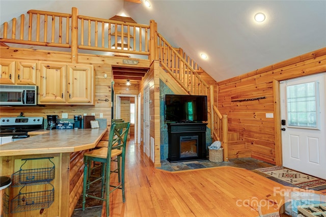 kitchen featuring wood walls, light wood-style flooring, appliances with stainless steel finishes, and a fireplace with flush hearth