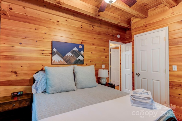 bedroom with wood ceiling, beam ceiling, and wooden walls