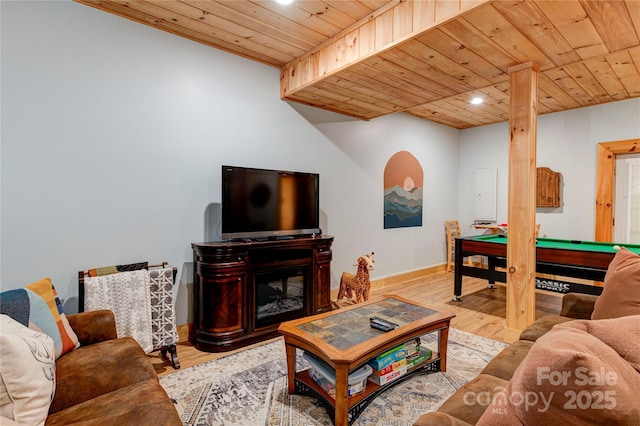 living area with wooden ceiling, recessed lighting, billiards, wood finished floors, and baseboards