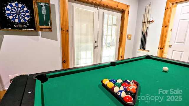 recreation room featuring pool table and french doors