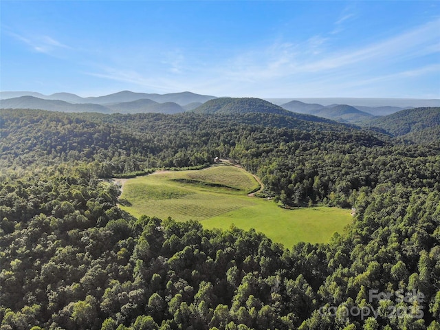 drone / aerial view with a mountain view and a wooded view