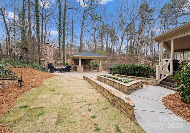 view of yard with outdoor dry bar and a patio area