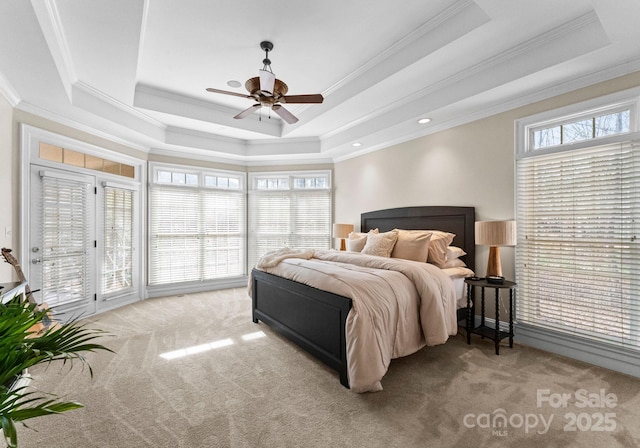 bedroom with a raised ceiling, carpet floors, and crown molding