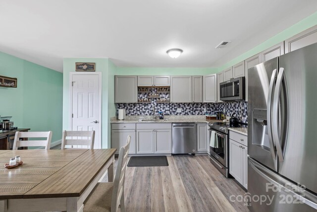 kitchen with light wood-style flooring, gray cabinetry, a sink, appliances with stainless steel finishes, and tasteful backsplash