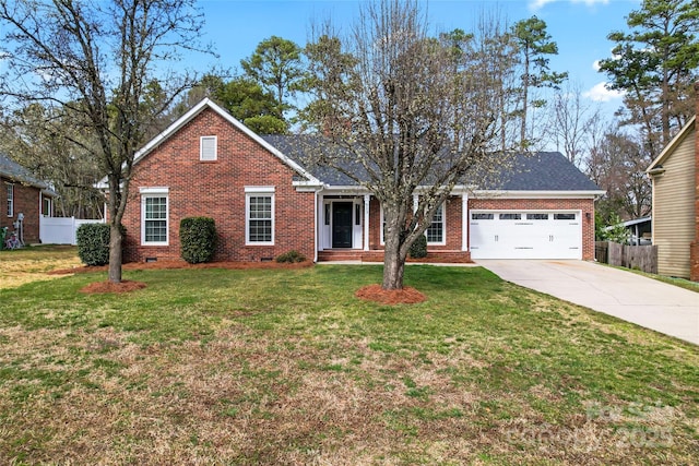 view of front facade with a garage, crawl space, brick siding, and fence