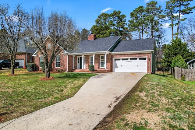 ranch-style house with a garage, brick siding, a chimney, fence, and a front yard